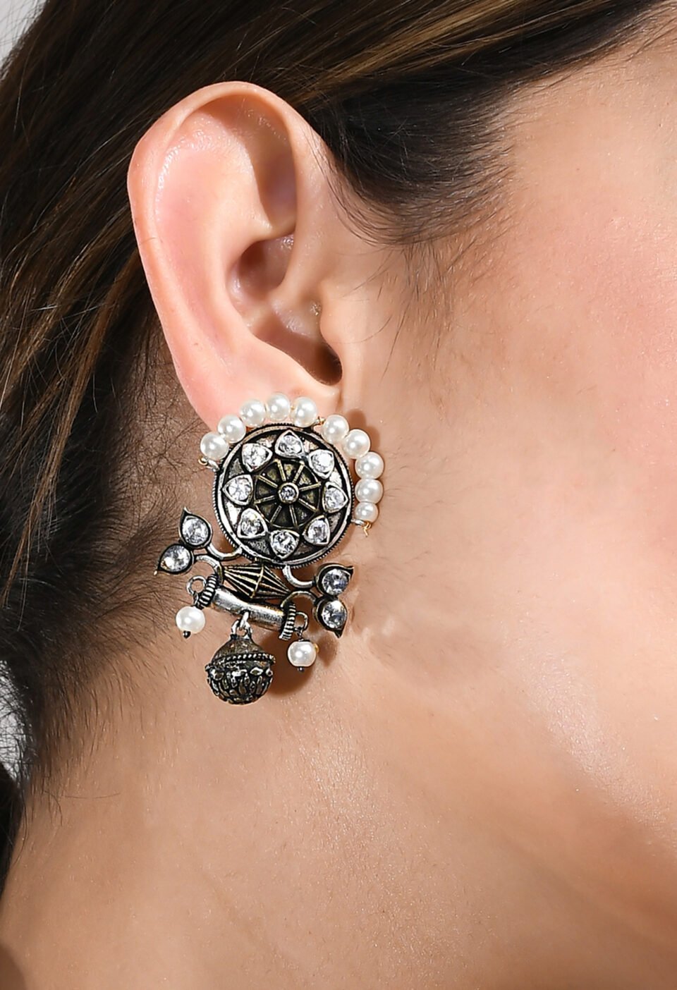 Oxidized Silver-Plated Circular Floral Stud Earrings with Pearl Halo and Dangling Charms Alternate