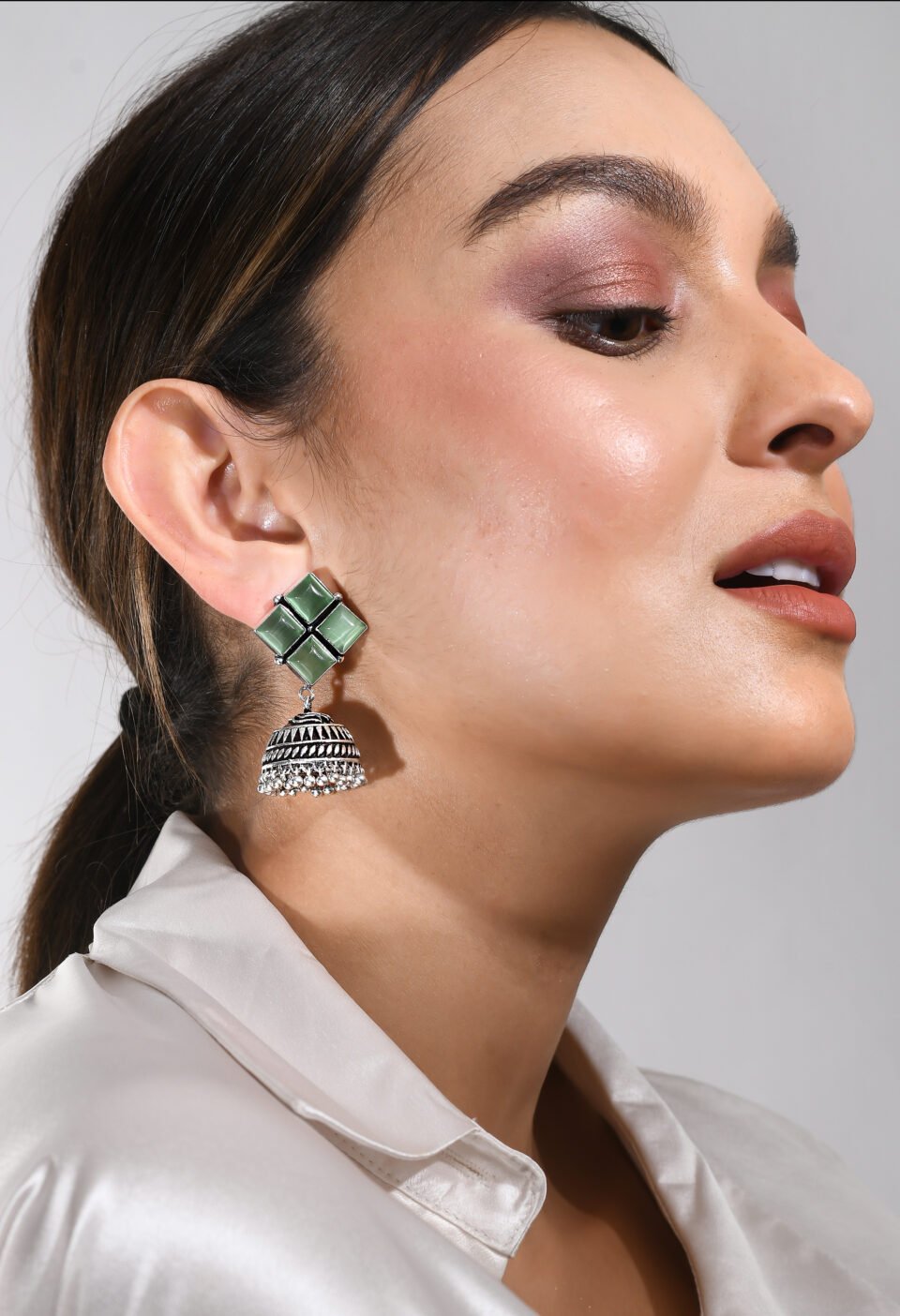 Mint Green Square Stone Silver Oxidised Jhumka Earrings Alternate