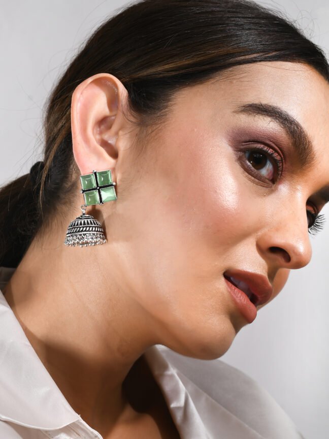 Mint Green Square Stone Silver Oxidised Jhumka Earrings