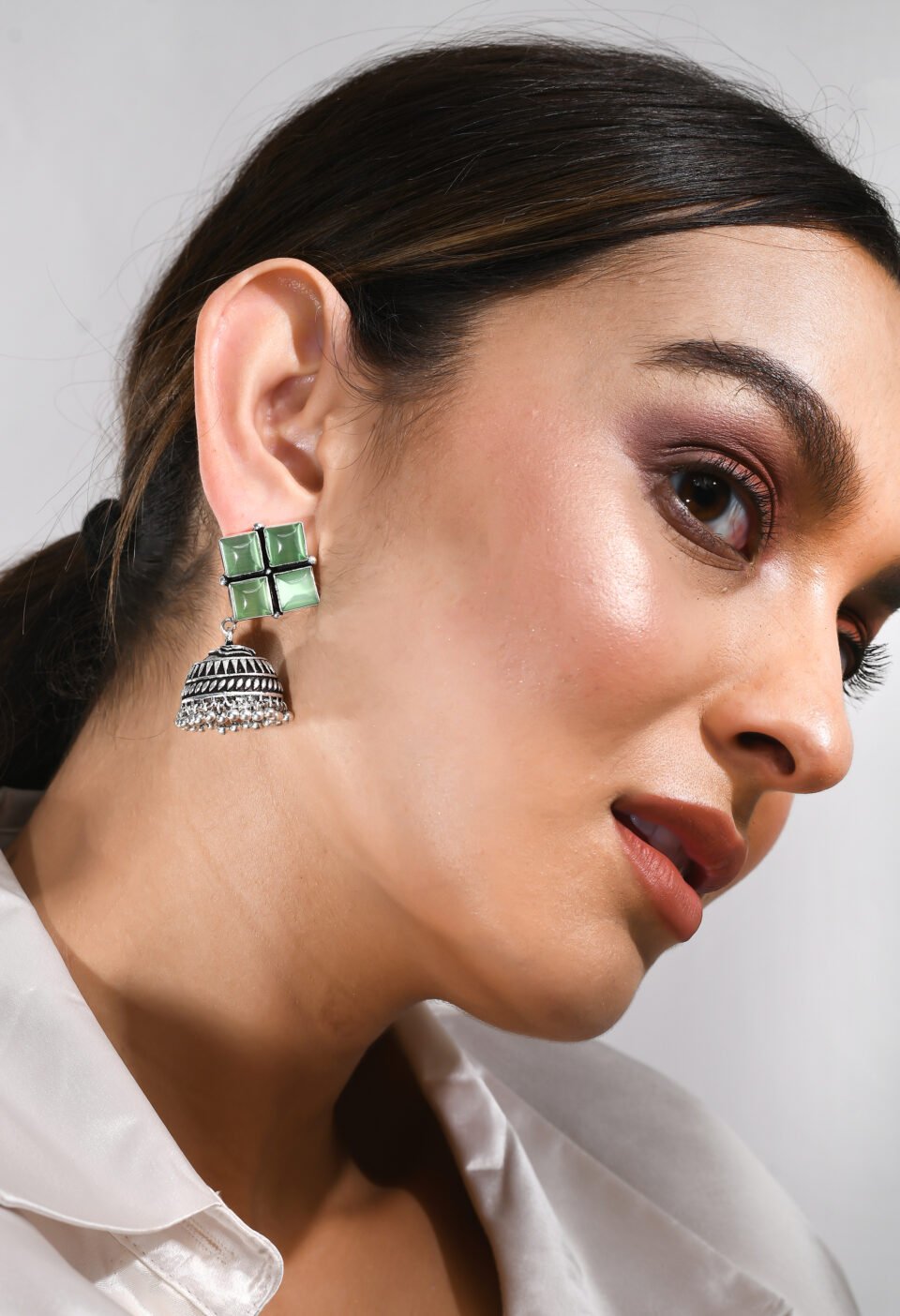 Mint Green Square Stone Silver Oxidised Jhumka Earrings