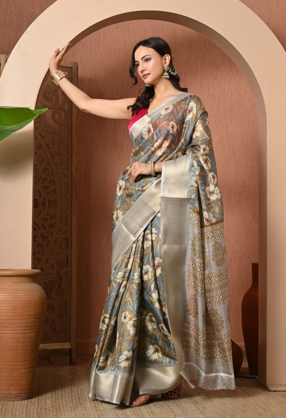 Silver Mist Floral Banarasi Saree Alternate