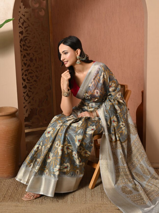 Silver Mist Floral Banarasi Saree