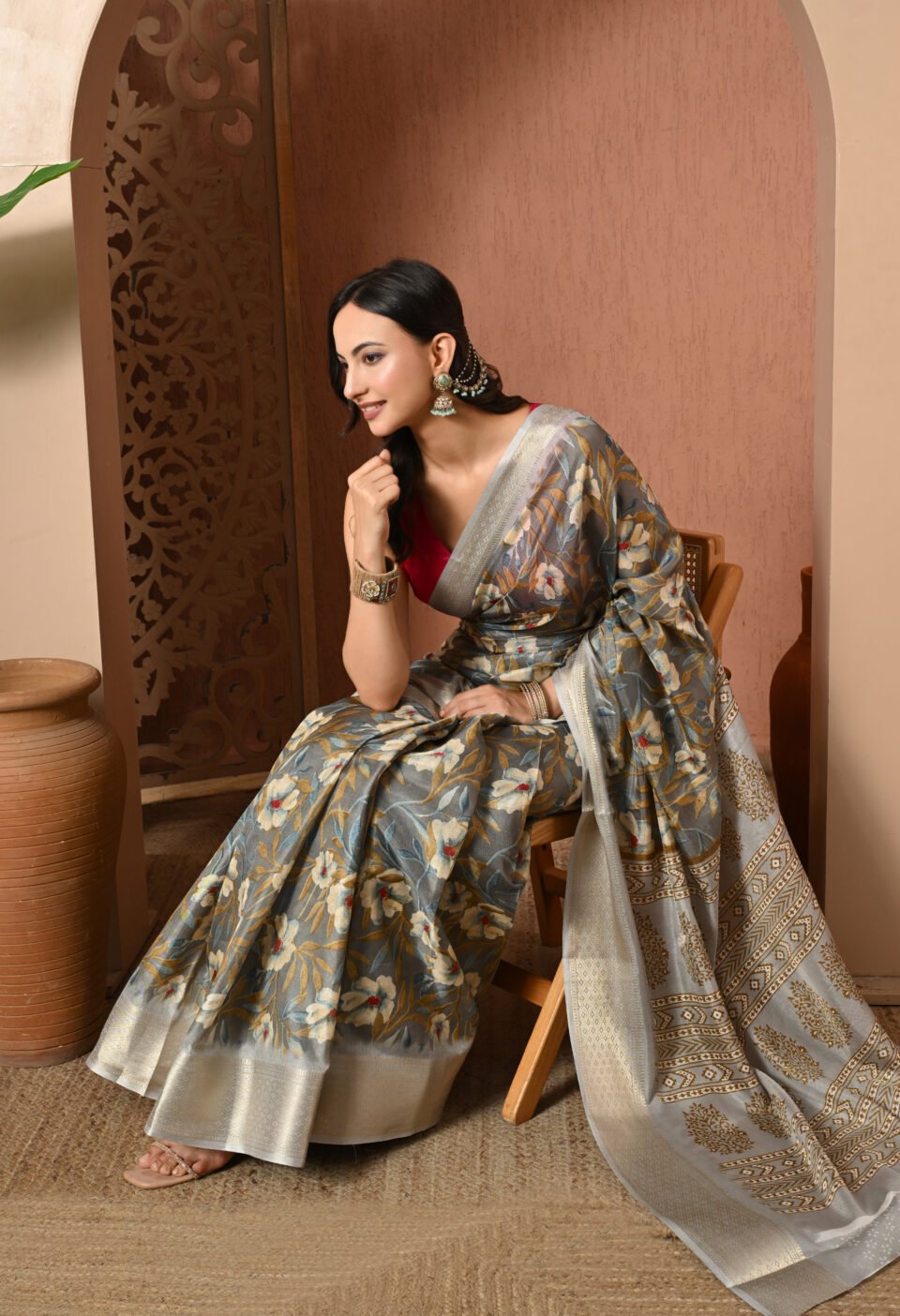 Silver Mist Floral Banarasi Saree